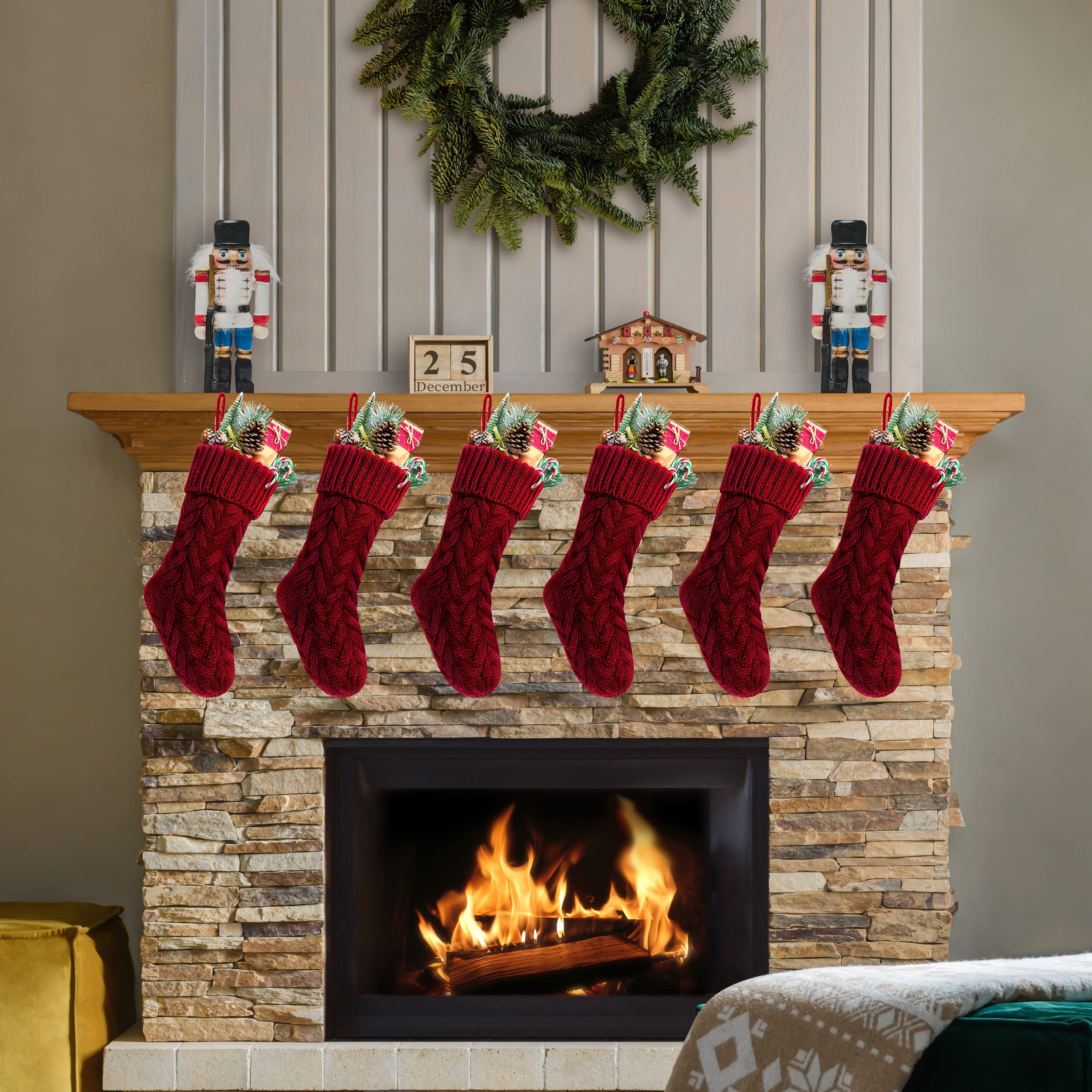 Kunyida Pack 6,18 Unique Burgundy Knit Christmas Stockings Style3